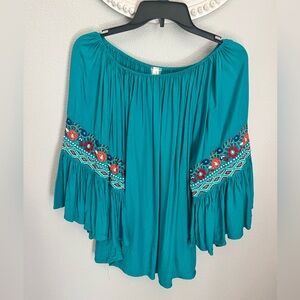 Embroidered Teal Off-Shoulder Peasant Top